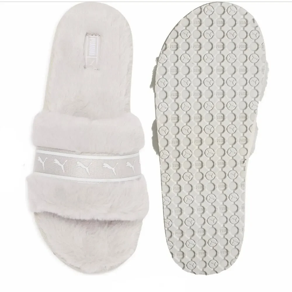 PUMA Fluff Remix Faux Fur Women's Shoes Slide Gray Sandals Size 5